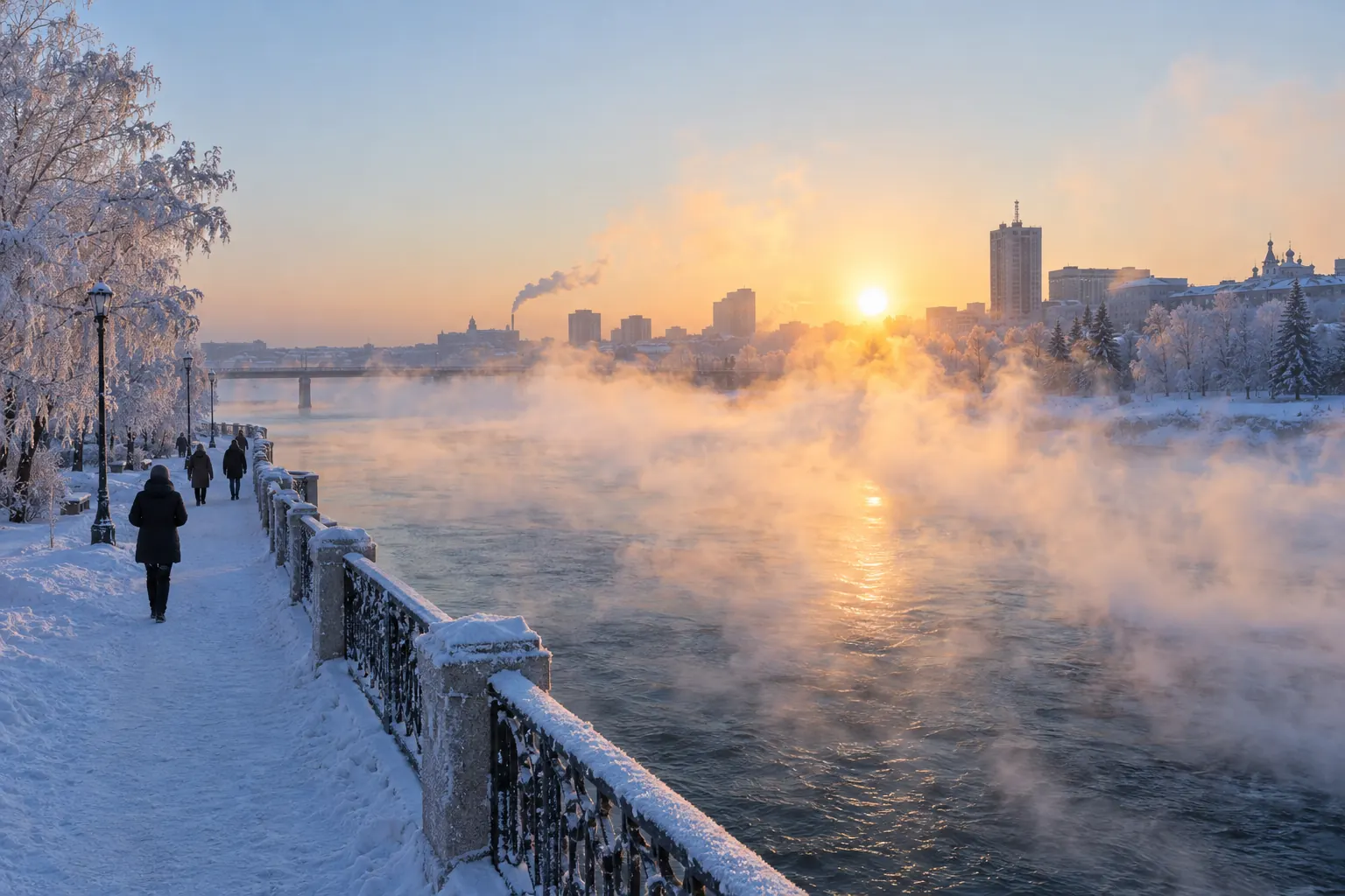 Sông Angara ở Irkutsk bốc hơi trắng trong buổi sáng giá lạnh