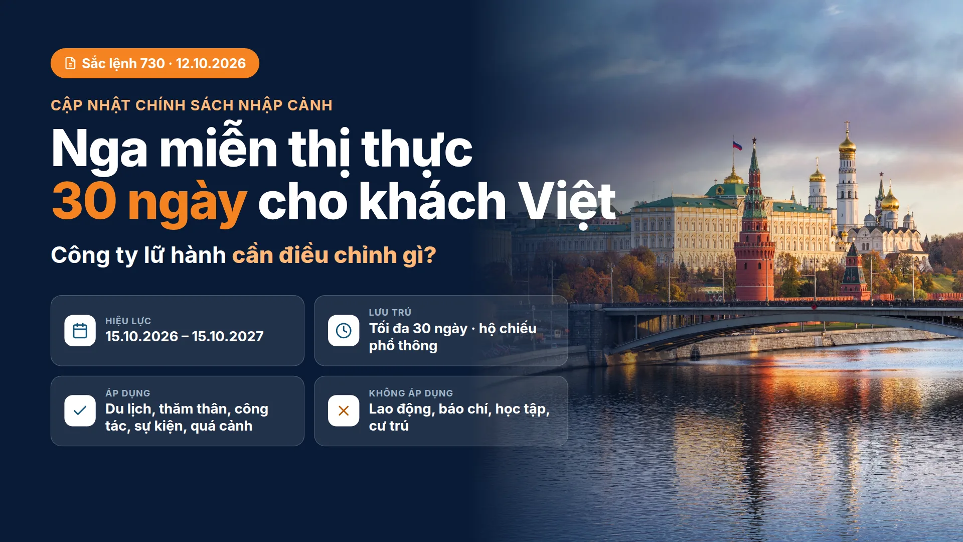 Nga miễn thị thực 30 ngày cho khách Việt: hiệu lực 15.10.2026 – 15.10.2027, lưu trú tối đa 30 ngày; áp dụng cho du lịch, thăm thân, công tác, sự kiện, quá cảnh; không áp dụng cho lao động, báo chí, học tập, cư trú