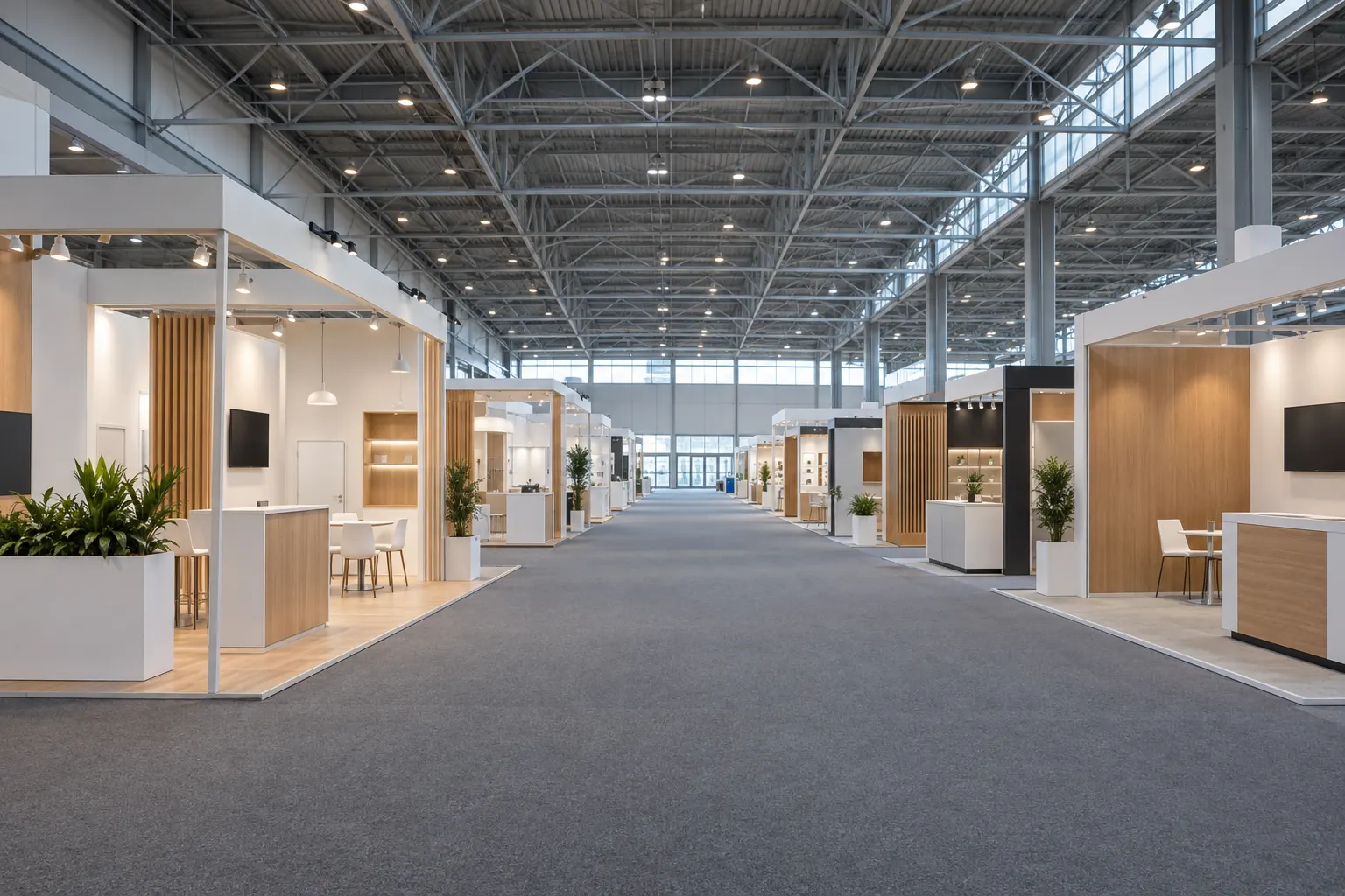 Sảnh trưng bày rộng của một trung tâm triển lãm hiện đại ở ngoại ô Moscow, các gian hàng đã dựng xong trước giờ mở cửa